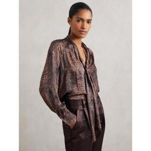 REISS Naomi Crocodile-Print Tie-Neck Blouse